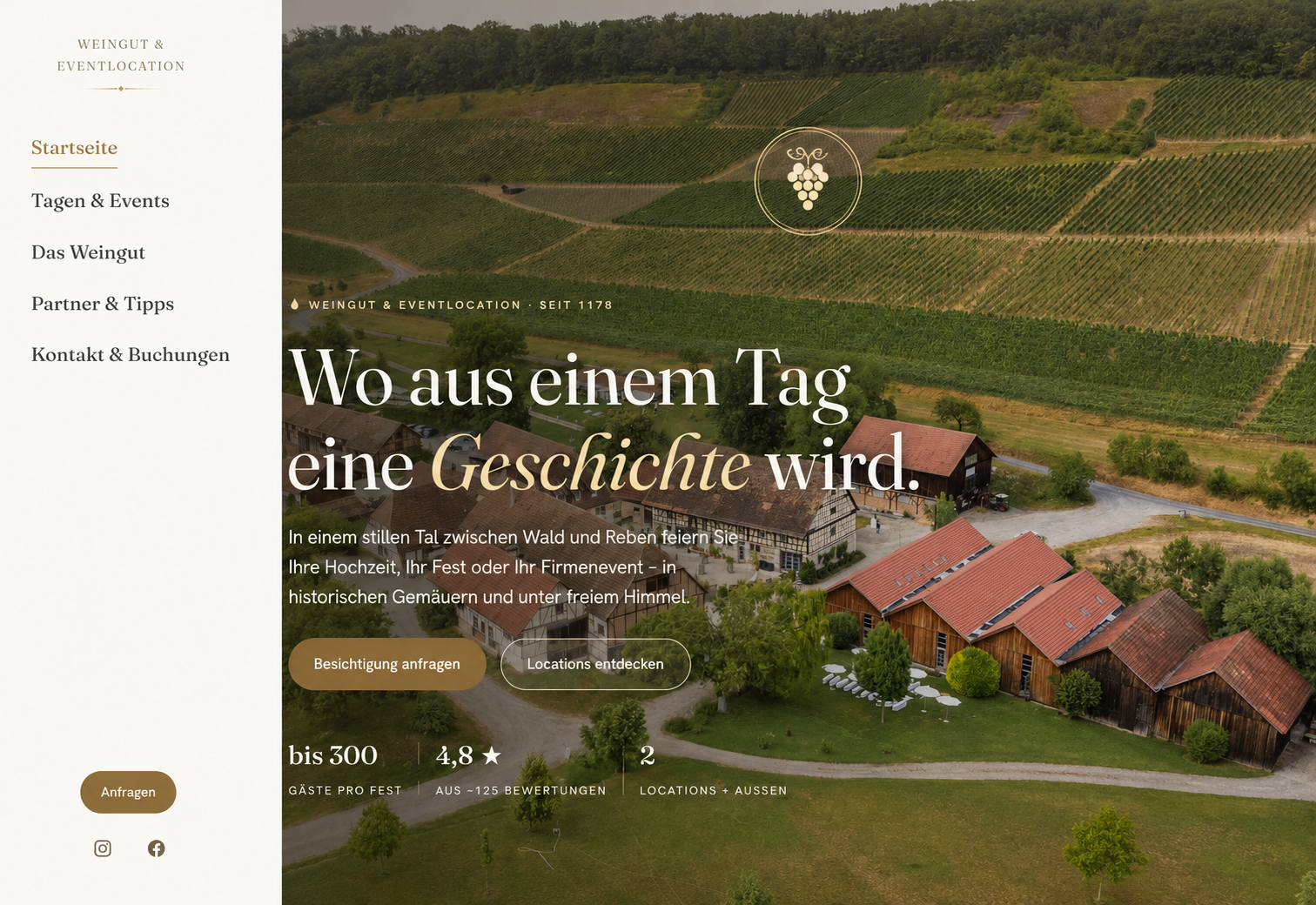 Vorschau einer anonymisierten Website für ein Weingut und eine Eventlocation